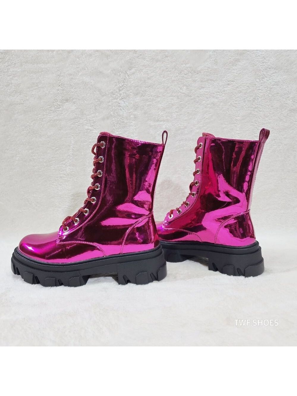 Size 6 Rowan Metallic Pink Combat Ankle Boots Rhinestone Tongue and Rope Lace - Picture 4 of 10